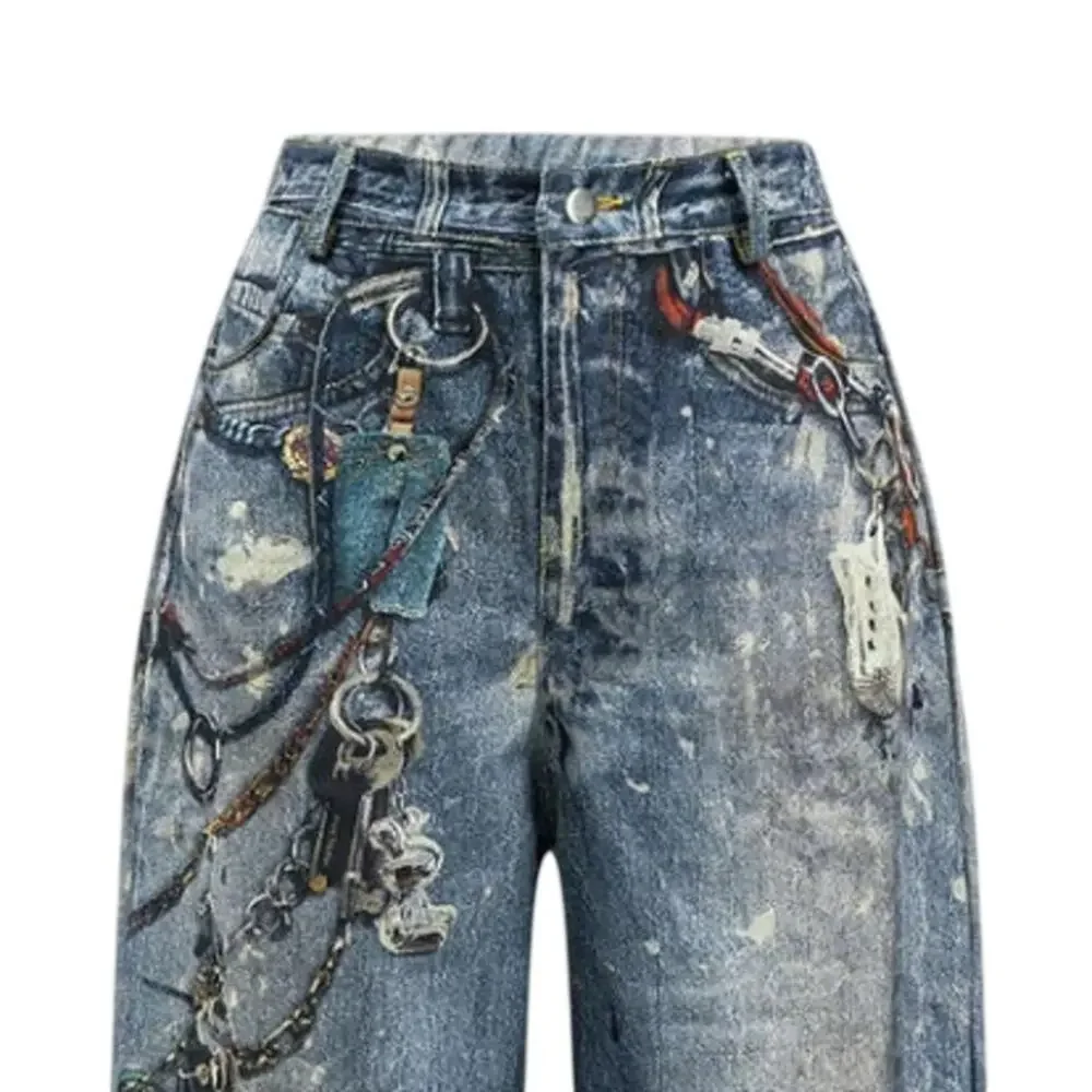 Micas Printed Distressed Denim Effect Wide Leg Trousers 0XL NWT Streetwear